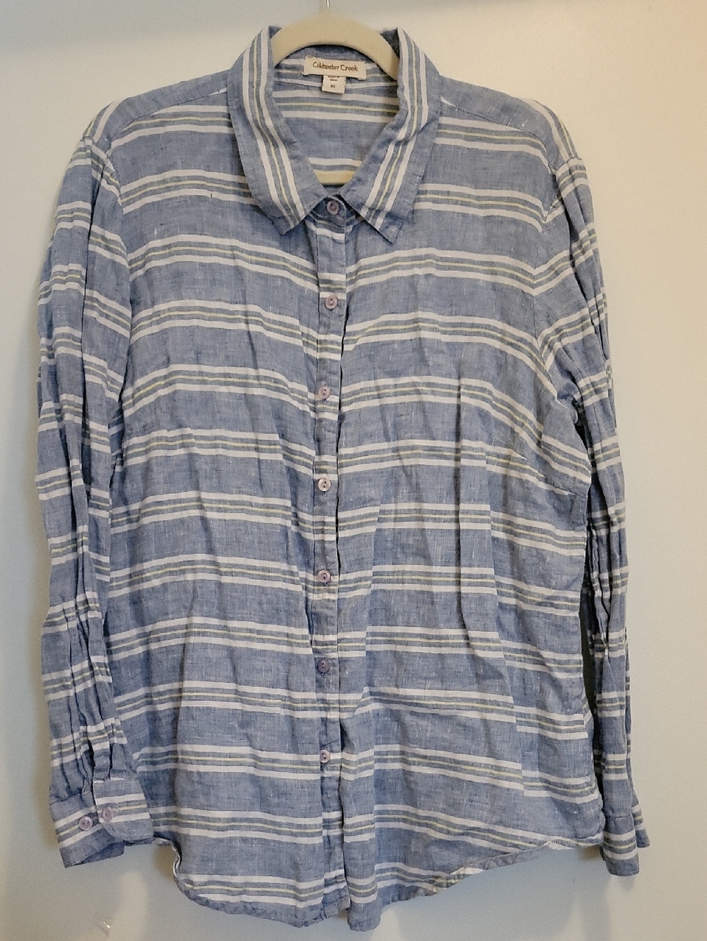 Coldwater Creek Blue and White Striped 100% Linen Shirt XL